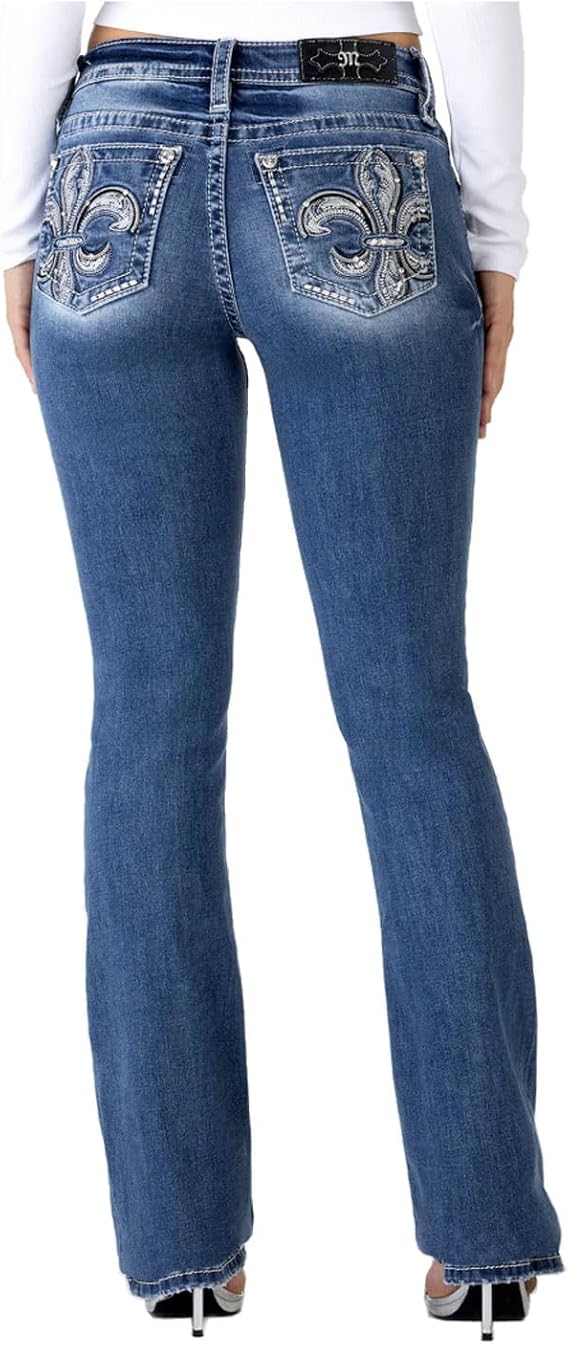Miss Me Women's Fleur de Lis Mid-Rise Bootcut Jeans