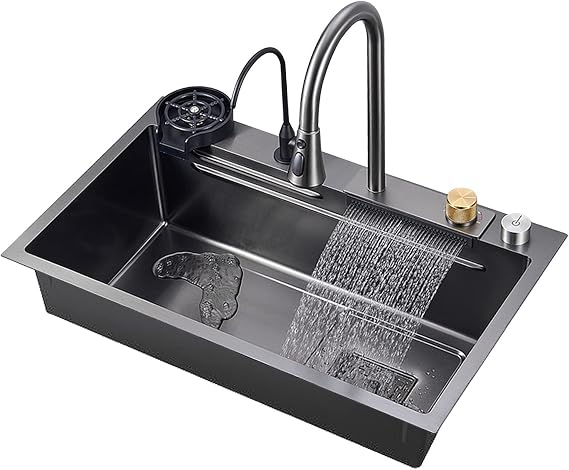 Modern Black 304 Stainless Steel Nano Raindance Waterfall Sink, Single Bowl Kitchen Vegetable Sink, Workstation Ledge with Glass Cup Bottle Washer for Laundry, Garage