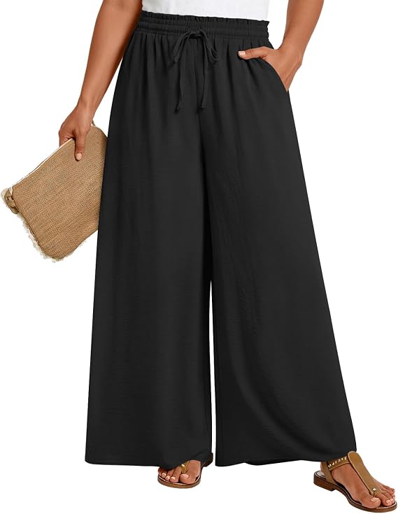 LONGYUAN Womens Plus Size Wide Leg Casual Palazzo Pants with Pockets 1X-5X