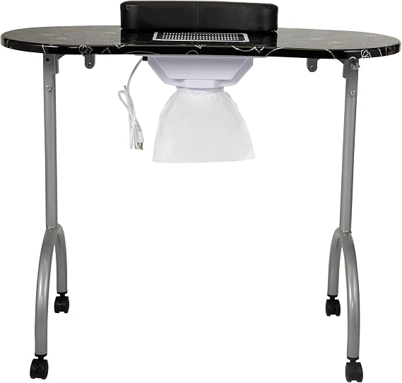 Portable Foldable Manicure Table Nail Table Desk with Electric Dust Collector, 4 Lockable Wheels, Carry Bag, Black