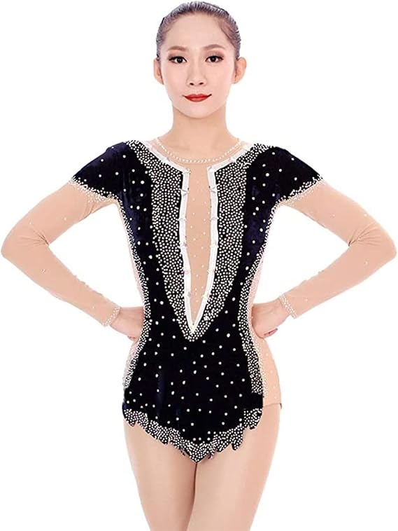 Rhythmic Gymnastics Leotard for ladies Long Sleeve with Shiny Rhinestones Women Competition Dance Outfits