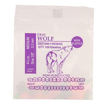 American Orthodontics Elastics Wildlife Wolf | Assorted Neon, Medium, 4.5 Oz, 1/8" Size, 75 Packs Per Box, 7,500 Total | Made in The USA | Neon Colors, Top Quality Latex Tubing