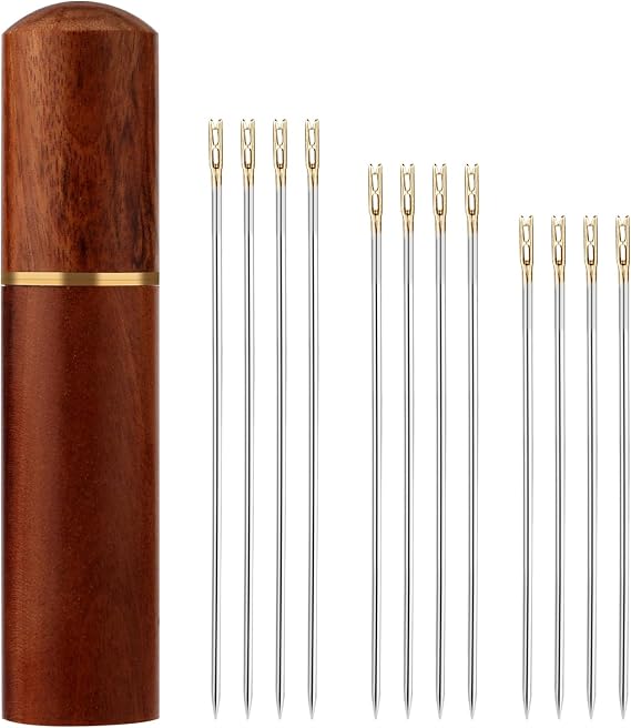 12pcs Self Threading Needles, 3 Sizes Top Hanging Needles Embroidery Blind Needles Kit with Sandalwood Needle Box Hand Yarn Knitting Stitching Needles for DIY Embroidery Mending Sewing Projects (Gold)