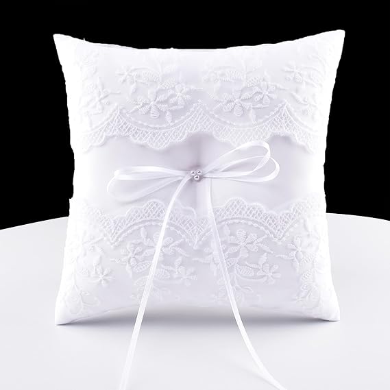 Wedding Ring Bearer Pillow, White Lace Ring Pillow Ring Bearer Cushion for Wedding Cereomoy Party