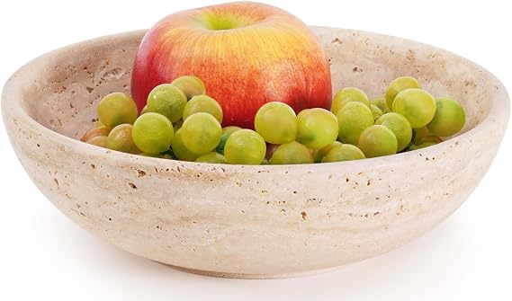 Marble Fruit Bowl for Kitchen Counter 8 Inch Handmade Travertine Gifts, Decorative Serving Bowls for Home Decor - Coffee & Dining Tables Centerpieces, Fruits & Vegetable Storage