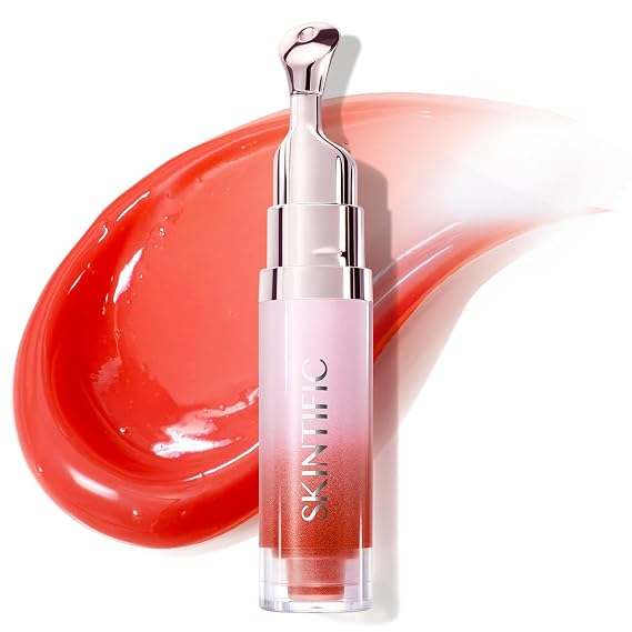 SKINTIFIC Brightening Lip Serum, Hydrating & Plumping (15U Juicy Peach) | Tinted Lip Gloss with Peptide, Moisturizing Lip Balm with Polypeptides & Squalane for Glossy Sheer, Smooth Lips