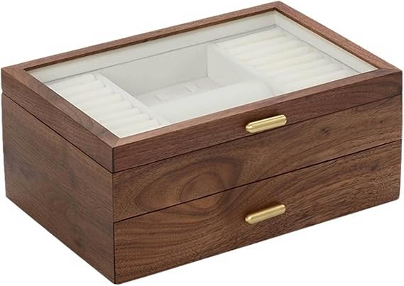 Double Layer Jewelry Storage Box Ladies Retro Wooden Necklace Jewelry Bracelet Watch Display Box Handmade Wedding Birthday Anniversary Jewelry Collection Box,A