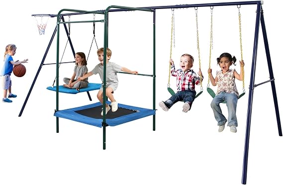 5 in 1 Swing Set with Belt Swing, Hammock Swing, Trampolone,Basket Rim for Backyard