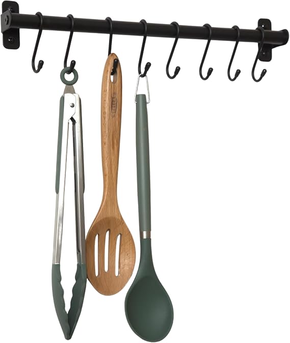 simplywire - Kitchen Utensil Holder and Organiser - Black | Wall Mounted Rail Pan Rack - 8 Hanging Hooks
