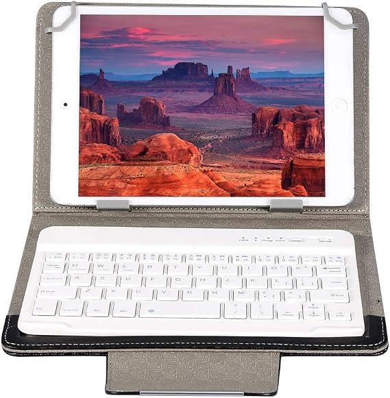 Tablet Case with White Keyboard for 7'' Tablet and Smartphone, 2-in-1 Leather Folio Cover & Bluetooth Keyboard and Stand, for Android/for iOS/for Device Universal