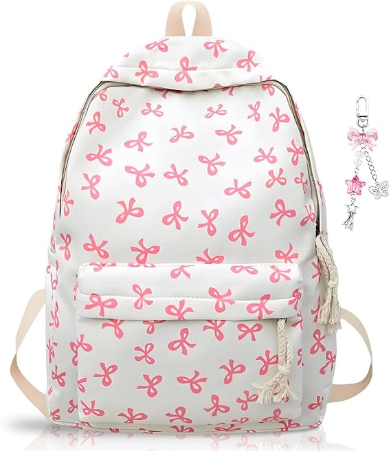 Pink Bow School Backpack for Girls | Kawaii Preppy Aesthetic Rucksack with Adjustable Straps & Keychain | 15L Cute Durable Bookbag for Teenagers, Secondary & Primary School Students