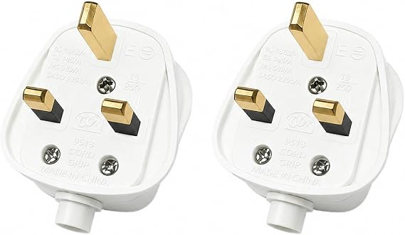 UK Plug 13 Amp Plug UK, plugs 3 Pin Electric Plugs UK 250V ,13A Fused Mains , with Cord Grip Rewireable Socket White,2 Pack