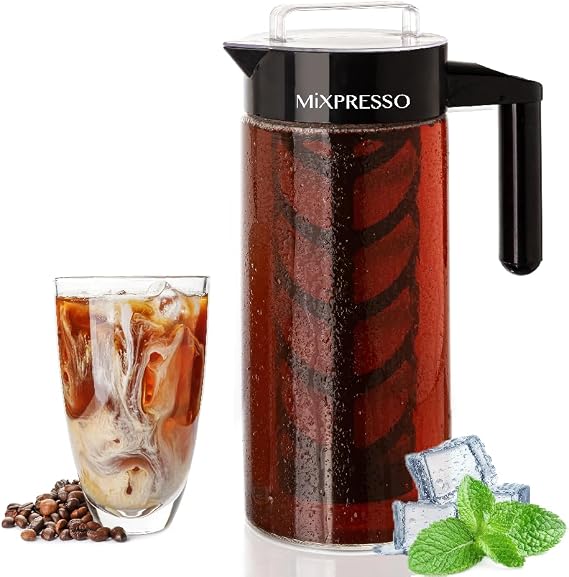 Mixpresso Cold Brew Maker For Iced Coffee and Iced Tea, Cold Coffee Maker Glass Pitcher, Tea Infuser For Loose Leaf Tea, 44oz Large Ice Tea Brewer with Easy to Clean Reusable Mesh Filter.