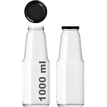 1000 ml Şeffaf Meyve Suyu Şişesi, Meşrubat, Limonata Şişesi Metal Kapaklı 1000 Cc Boş Cam Şişe (2, Siyah Kapak, 1000, Mililitre)