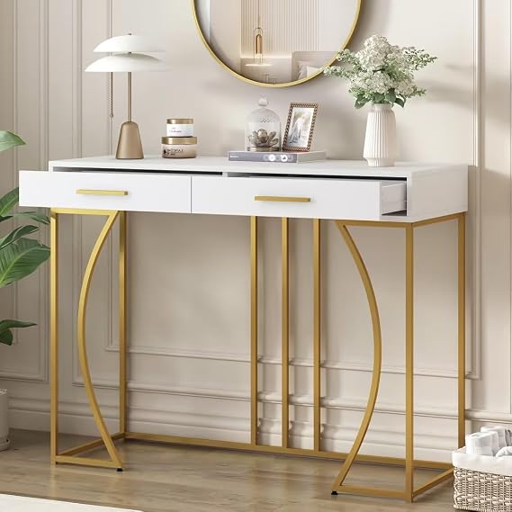 BTM Bedroom Dressing Table With 2 Drawers, Vanity Table, Light Luxury Style Makeup Desk, Modern Bedroom Dresser, 110x38x76 cm