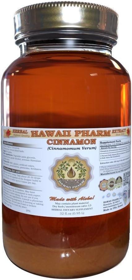 Hawaii Pharm Cinnamon Liquid Extract, Cinnamon (Cinnamomum Verum) Bark Powder Tincture Supplement 32 oz Unfiltered