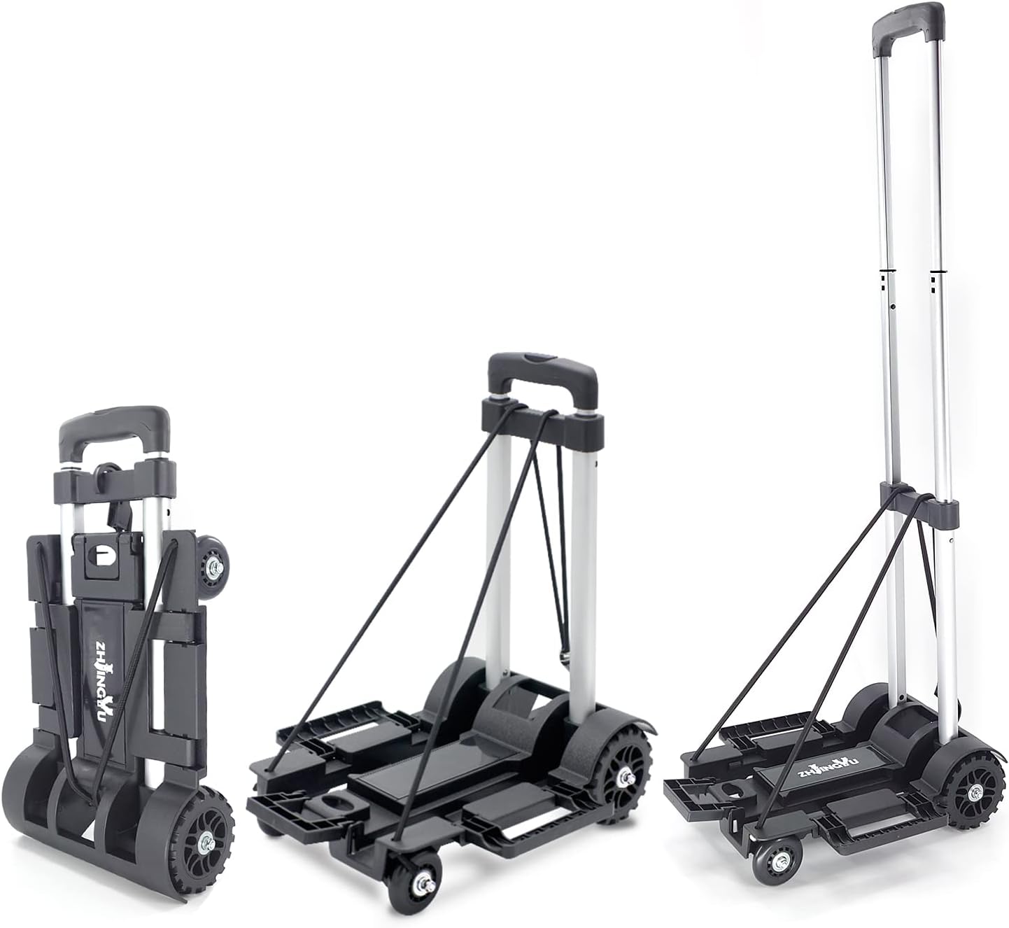 ZHJINGYU 100lb Folding Hand Truck | Sack Barrow with 4 Wheels | Aluminium Foldable Trolley | Adjustable Baseplate & Bungee Cords | Folds into Backpack for Lifting Luggage Travel Auto