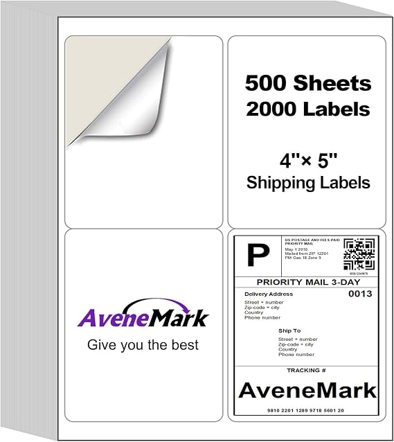 4" x 5" Shipping Labels 500 Sheets, 2000 Labels 4 Per Page Compatible with Laser & Inkjet Printers Permanent Adhesive Address Labels for Shipping, Mailing & Organization