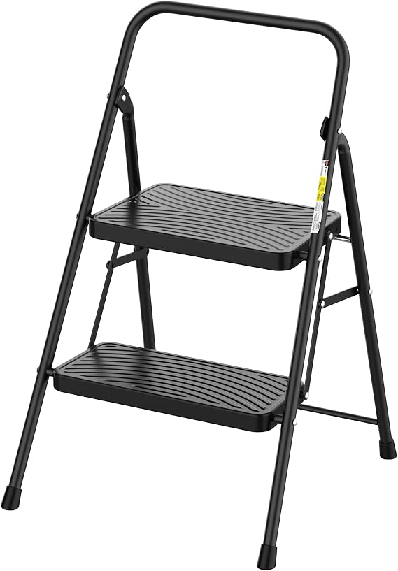 HBtower Step Stool, 2 Step Ladder with Wide Anti-Slip Pedal, Step Ladder Folding Step Stool for Adults, Lightweight Steel Portable ladders for Home Kitchen