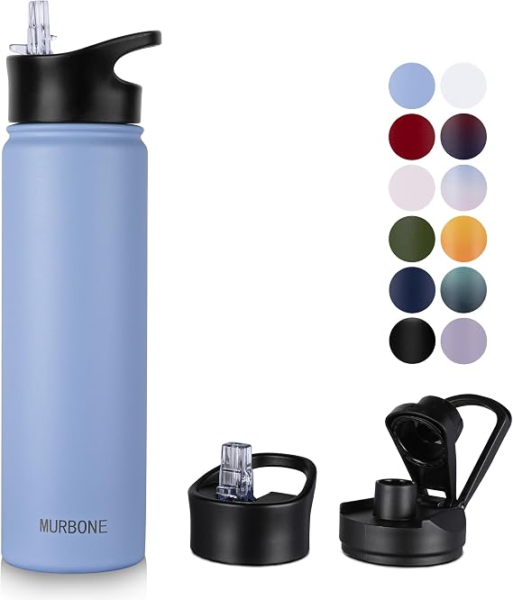 Insulated Water Bottle, 750ml Stainless Steel Drink Flask with Straw, BPA Free, 2 Lids (Straw and Spout), Leakproof Double Walled Vacuum Water Bottle, Blue