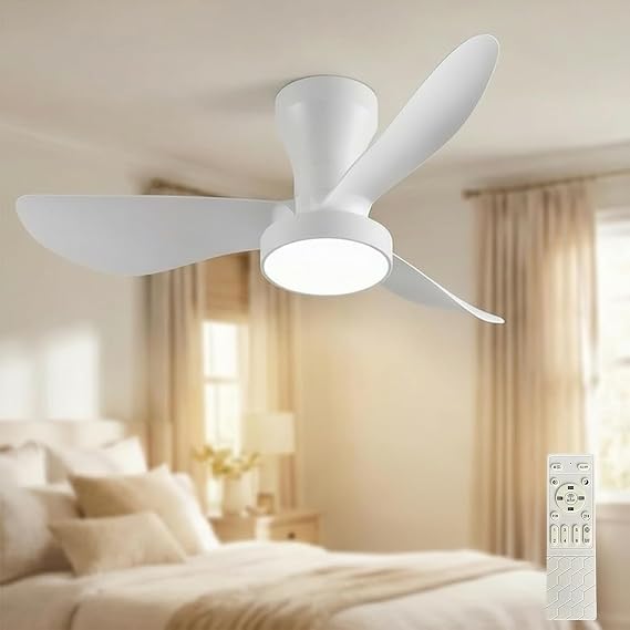 LEONTYNE Ceiling Fan with Light Remote, 22W 2200LM Dimmable LED 3000K-6500K, 6 Speed Quiet Reversible DC Motor, Timer Memory, Low Profile Fan Light for UK Small Bedroom Kitchen Living Room,31 Inch [Energy Class E]