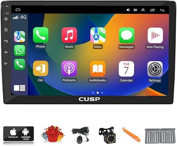 CUSP 10.1 Inch Double Din Car Stereo Radio, Android 4GB+64GB Touchscreen Head Unit with Wireless CarPlay & Android Auto, GPS Navigation, Bluetooth, WiFi, FM/RDS, DSP, SWC, Universal in-Dash Radio