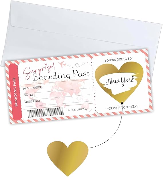 Scratch Card Reveal Surprise Personalised Boarding Pass Scratch Cards with Envelope and Heart Scratchs Card Sticker Where We Are Going on Holiday Travel Flight Ticket Boarding Pass Surprise Trip(Pink)