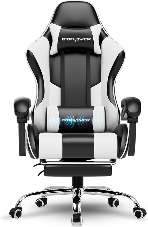 GTPLAYER Gaming Chair Office Chair Massage Gaming Chair Ergonomic Gamer Chair with Footrest Headrest Massage Lumbar Cushion Padded Gaming Chair Swivel Chair White