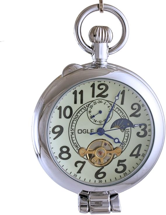 OGLE Waterproof Silver Magnifier Tourbillon Phase Moon Chain Fob Automatic Skeleton Half Hunter Mechanical Pocket Watch, Silver Luminous, Digital, Automatic Mechanical, Silver luminous, Digital