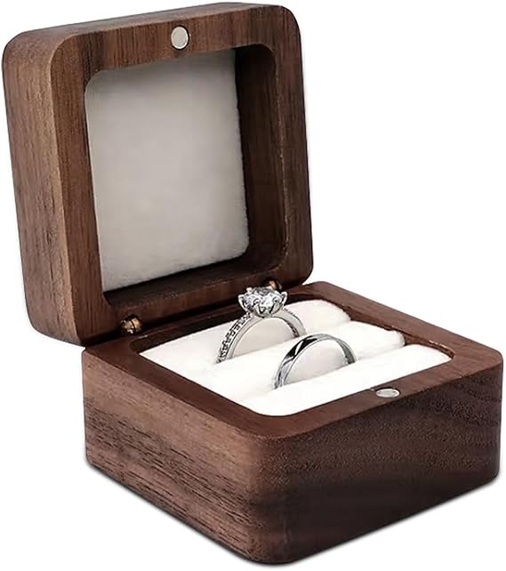 Wooden Ring Box, Mini Engagement Jewellery Box with Double Slot, Square Wedding Ring Box for Ring, Elegant and Retro Ring Holder for Wedding, Ceremony (white)