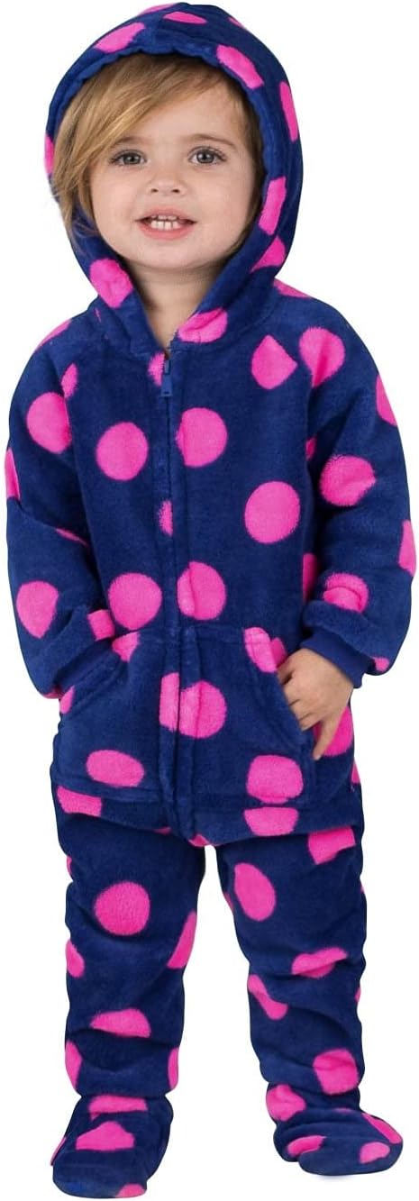 Footed Pajamas - Navy Pink Polka Infant Hoodie Chenille One Piece - Infant - XLarge (Fits 12-18mos.)