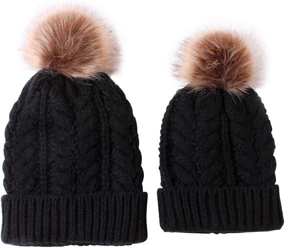 2 Pack Parent-Child Knit Hat Mother & Child Baby Family Matching Cap Winter Warm Crochet Beanie Hat with Pom Pom