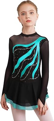 Loyan Kids Girls Shiny Ice Figure Skating Dress Mesh Long Sleeve Roller Skating Dance Competition Performance Costume