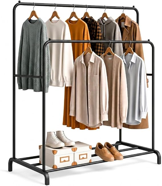 edihome, Clothes Rail, Coat Stand, Rack, Double, for Bedroom, 110X150X54 cm, Resistant, Metal, with Shoe Support, Organizer, Easy Assembly (Black)
