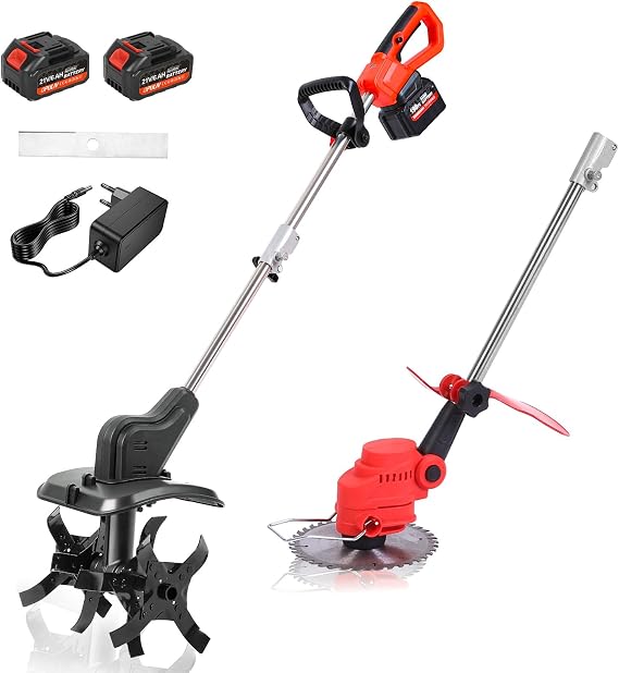 Cordless 2-in-1 Tiller & Weed Whacker Combo, 800W Brushless Motor, 12"x9" Rototiller, 8" Trimmer, 2x21v 6.0Ah Battery, Electric Weed Eater & Garden Tiller, Perfect for Lawn Care & Gardening Tools