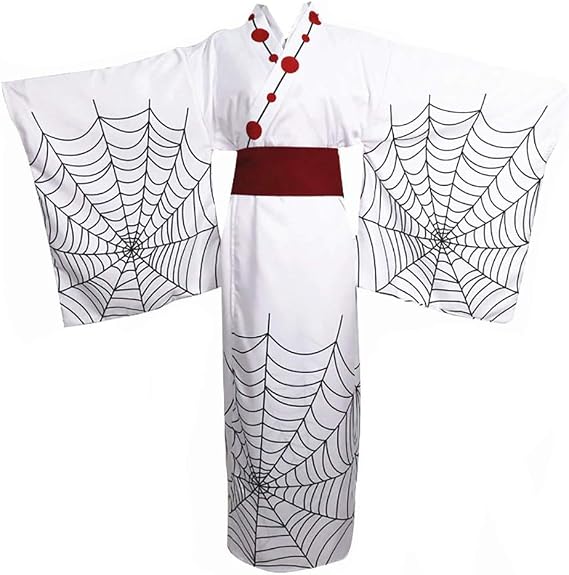 Spider Kimono Cosplay Costume White Long Robe with Web Print and Red Belt Outfit for Halloween Men Women