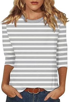 34 Length Sleeve Womens Tops Casual Striped Tshirts Round Neck Cute Tunic Basic Tees Blouse Loose Fit Pullover