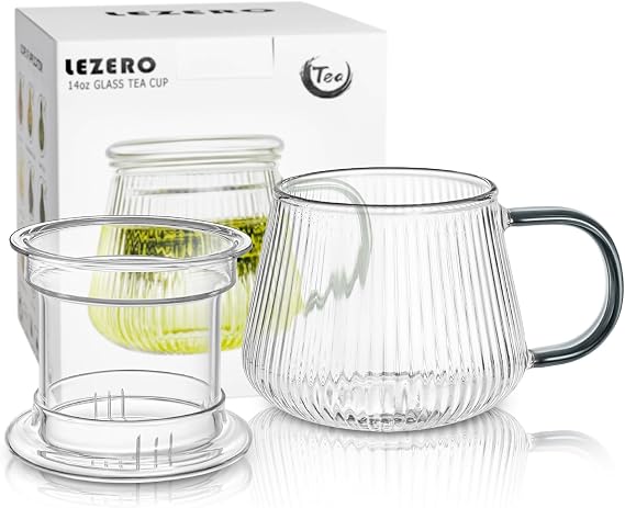 Glass Tea Infuser Cup with Lids and Handle for Blooming & Loose Leaf, 14oz