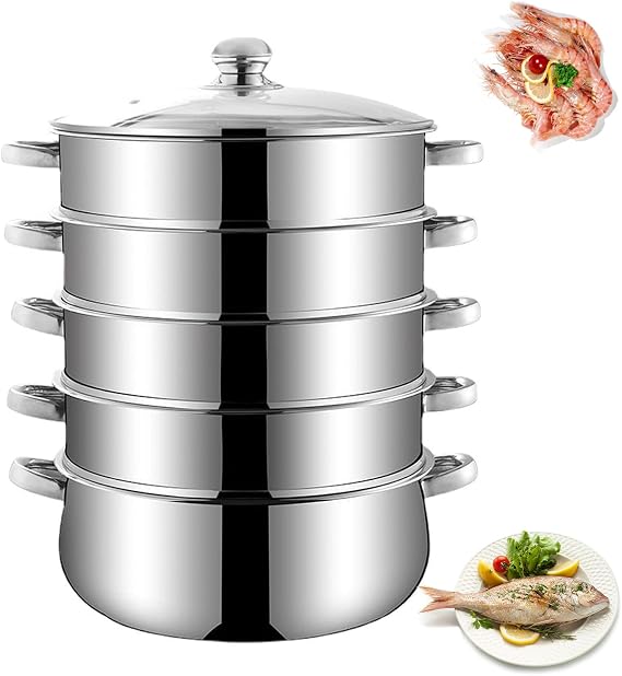 Stainless Steel Steamer 5-Ply, Cooking Pot Steamer with Glass Lid Kitchen, Mantowarka Steamer Kitchen Tools,38cm