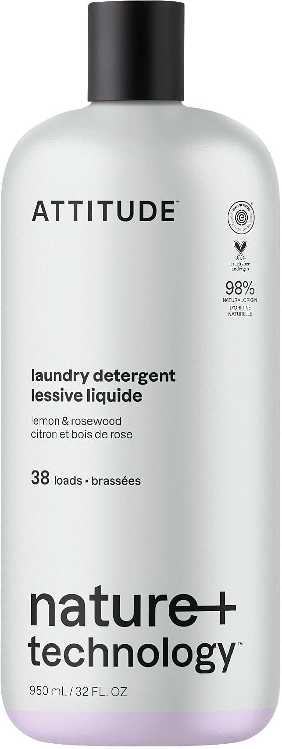 ATTITUDE Laundry Detergent Liquid, Plant-Based Ingredients, EWG Verified, High Efficiency, White & Colored Clothing, Lemon & Rosewood, 38 Loads, 950 mL