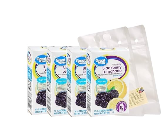 Great Value Sugar free Low calorie Blackberry Lemonade Drink Mix Bundle 10 packets Per Box (4 Boxes), 40 Total Packets. Includes (2) Stand-Up Sieral Plastic Drink Pouches. Store Juice, Favorite Snacks. Custom Healthy Smoothie Recipe Card