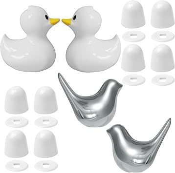 Toilet Bolt Covers Decorative- 2Pack Ceramic Silver Duck Caps and 2Pack Ceramic Silver Bird Caps, 8Pack Round Caps with Washers
