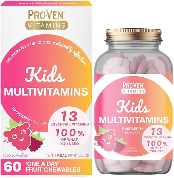 Proven A-Z Kids Multivitamin Chewable Tablets Raspberry Flavour Yummies 60 Tablets Daily Childrens Multivitamins with 13 Essential Vitamins for Immune Function, Bones, Teeth & Energy - 2 Month Supply