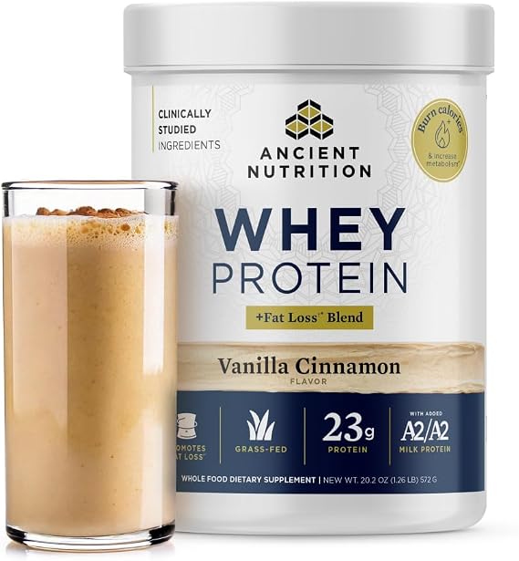 Ancient Nutrition Grass Fed Whey Protein + Fat Loss Blend, Vanilla Cinnamon | Clinically Studied Fat Loss Blend, Boost Metabolism, Burns Calories, Organic Regenerative A2/A2 Milk Protein, 18 Servings