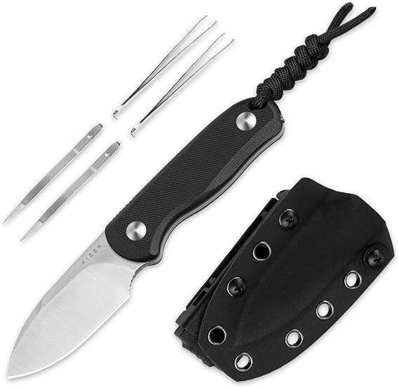 Kizer Drop Bear Fixed Blade Knife with Tweezer & Toothpick, 2.57" D2 Blade
