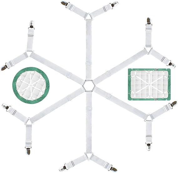 Bed Sheet Clips, 3 Way 6 Sides Adjustable Bed Sheet Straps, Crisscross Fitted Sheet Straps for Bedding, Elastic Sheet Straps Suspenders Clips for Bedding (White)