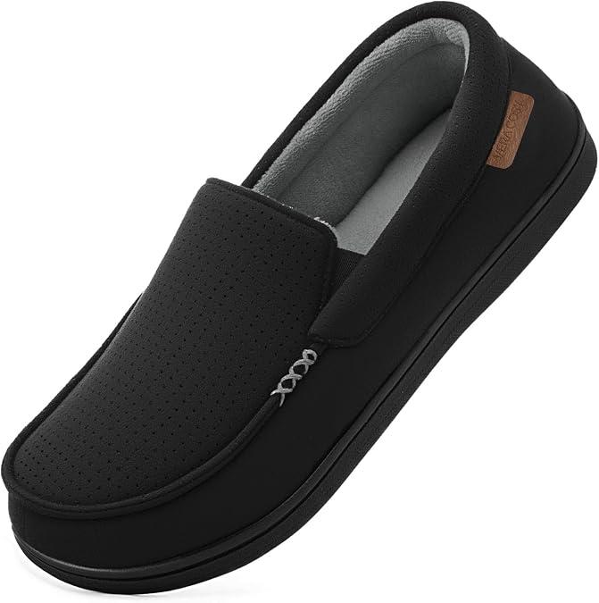 VeraCosy Men's Suede Moccasin Slippers Memory Foam Sherpa Lined Anti-Skid