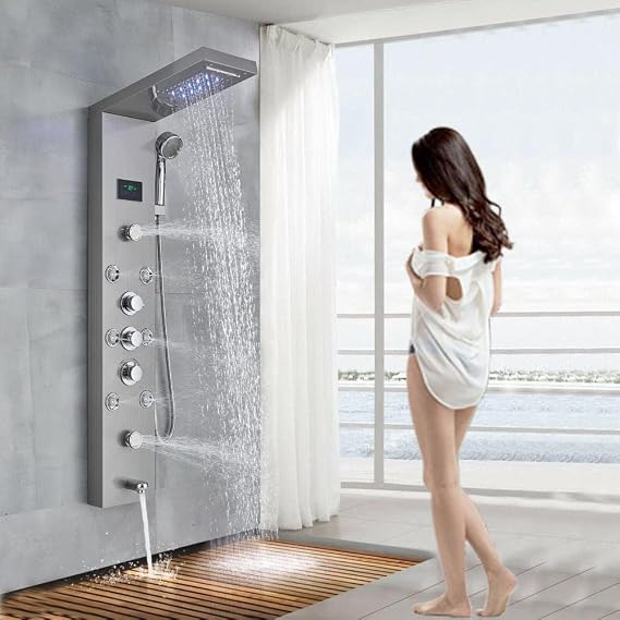 LED Rain Shower Panel Tower System Rainfall Waterfall Massage Body Jets Kit Faucet-Brushed Nickel A