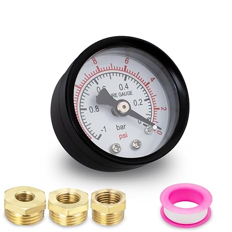 1 Pcs 40mm Vacuum Pressure Gauge BSP -1~0 Bar -14~0 Psi with 3 Pieces Bushing 1/8" to 3/8", 1/8" to 1/2" and One Teflon Tape, Axial