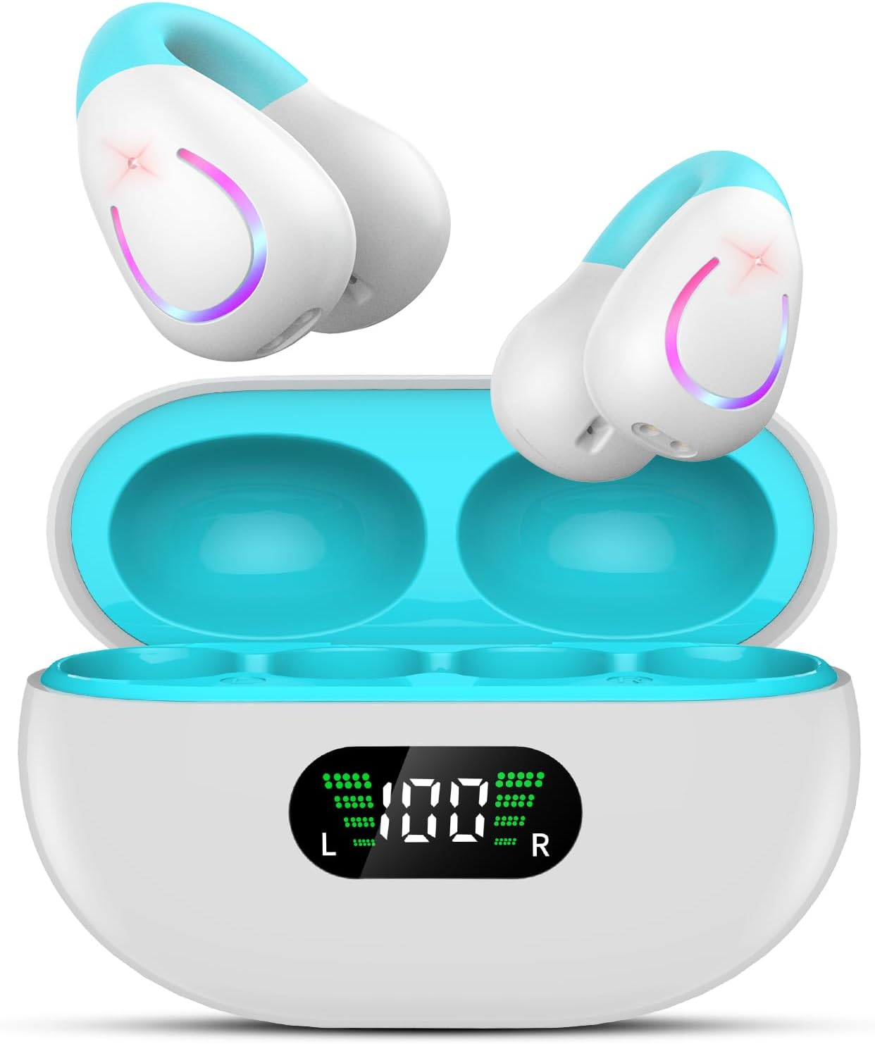 Clip On Earbuds,True Wireless Bluetooth 5.3 Lightweight Comfort Bone Conduction Open Ear Headphones with LED Digital Display Charging Case Sport Built-in Mic IPX7 Waterproof for Running Fitness, Blue